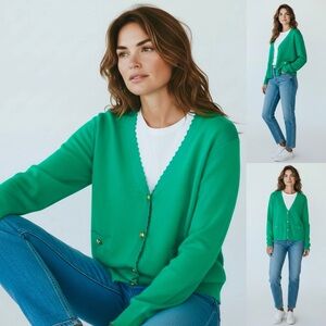 Adrianna Papell Sweater Cardigan Scallop Trims Gold Buttons Faux Front Pockets